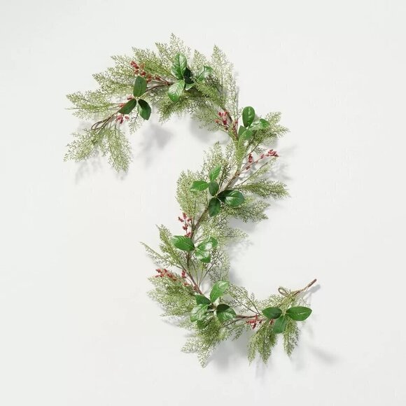 Hearth & Hand Magnolia 6' Cedar & Magnolia Leaf Winterberries Christmas Garland - Picture 1 of 6